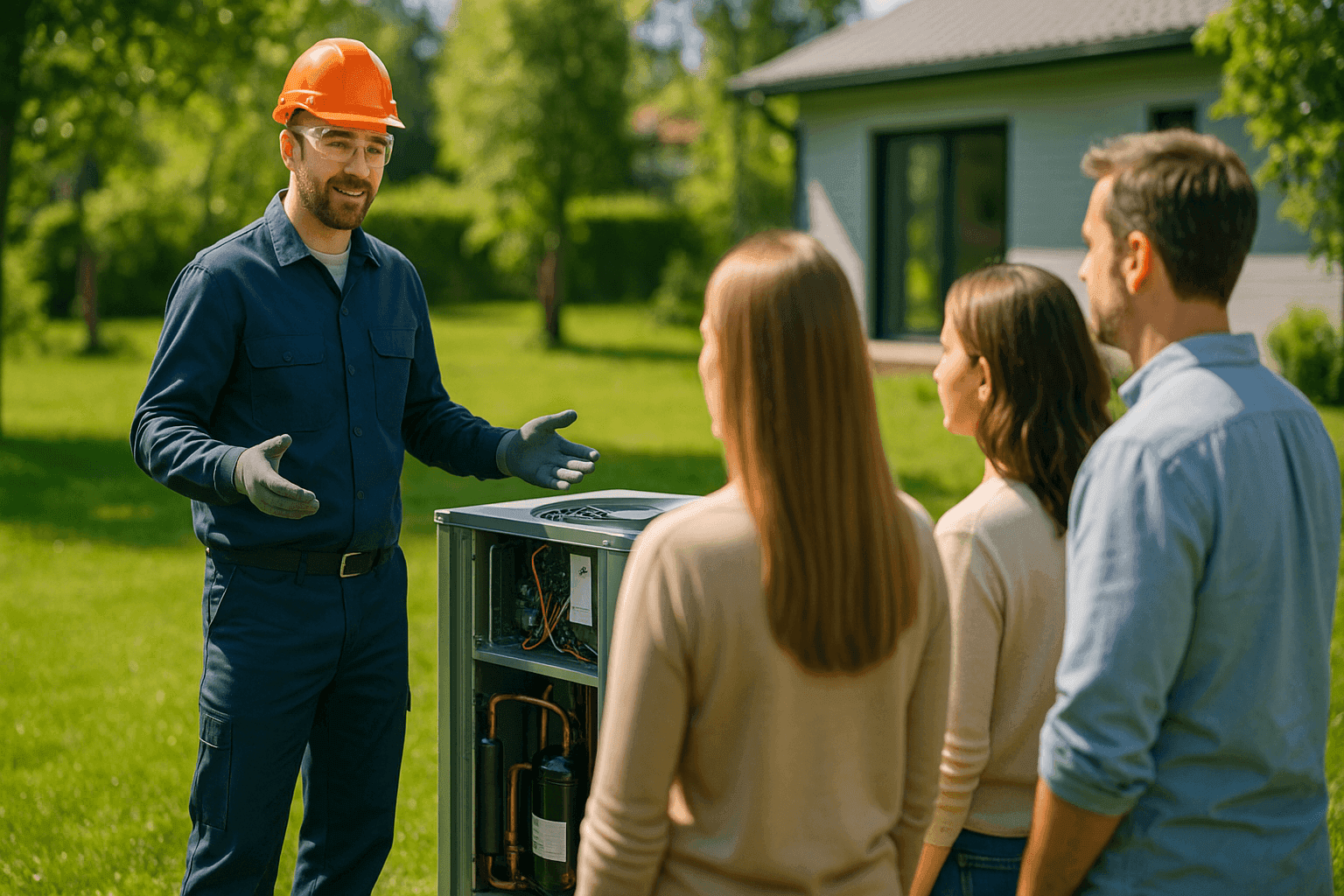 Technician explaining geothermal heating benefits to a family in their backyard