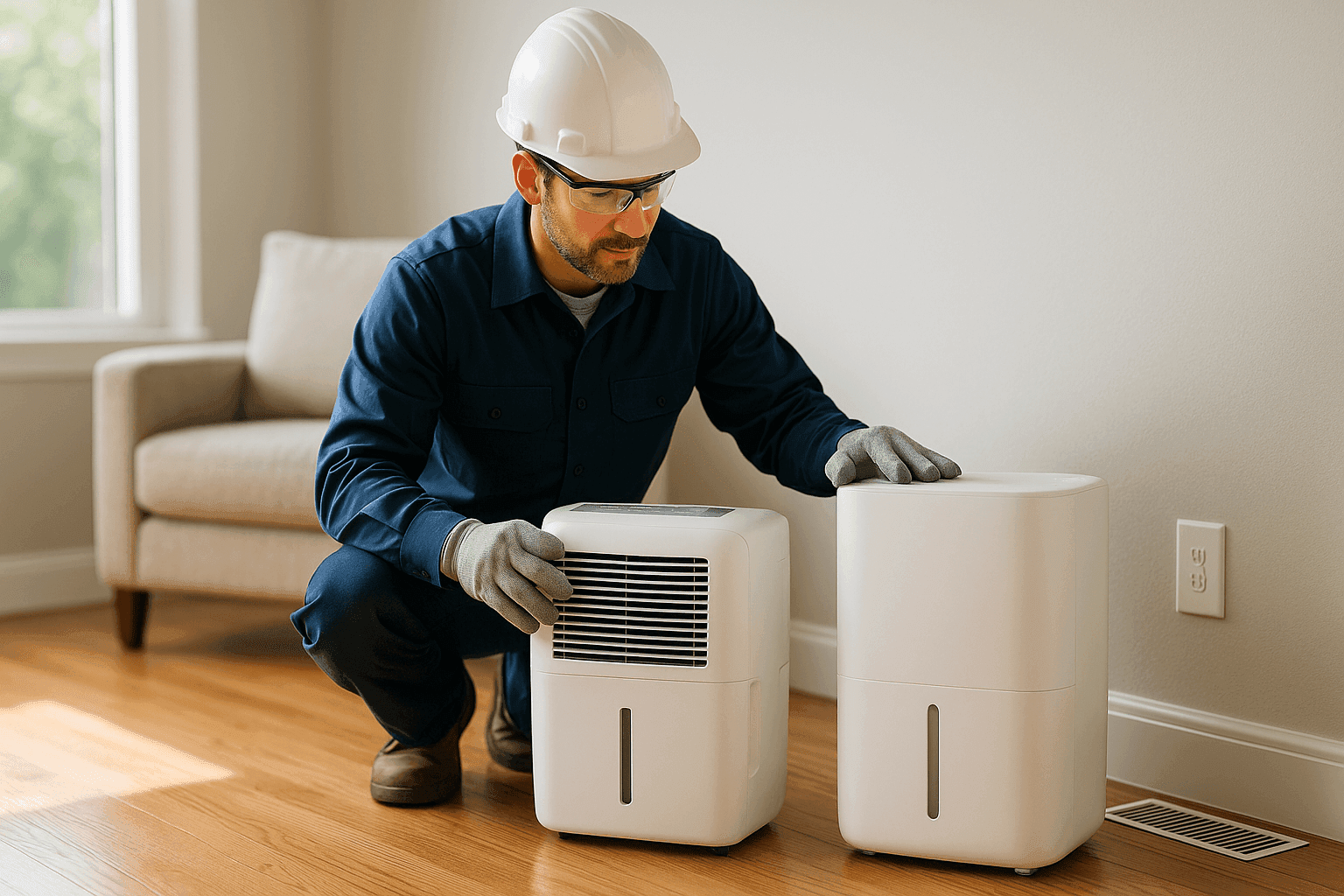 Technician checking a dehumidifier and humidifier in a home