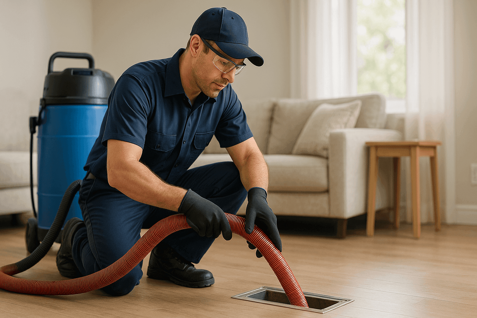 Technician using a specialized duct cleaning tool in a home