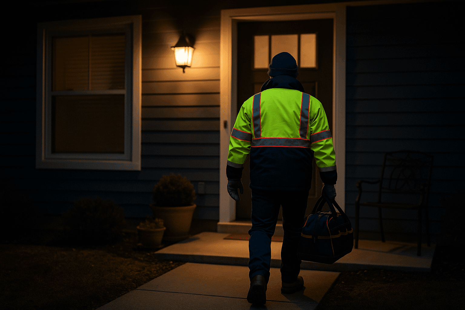 Technician arriving at a home for emergency heating repair at night
