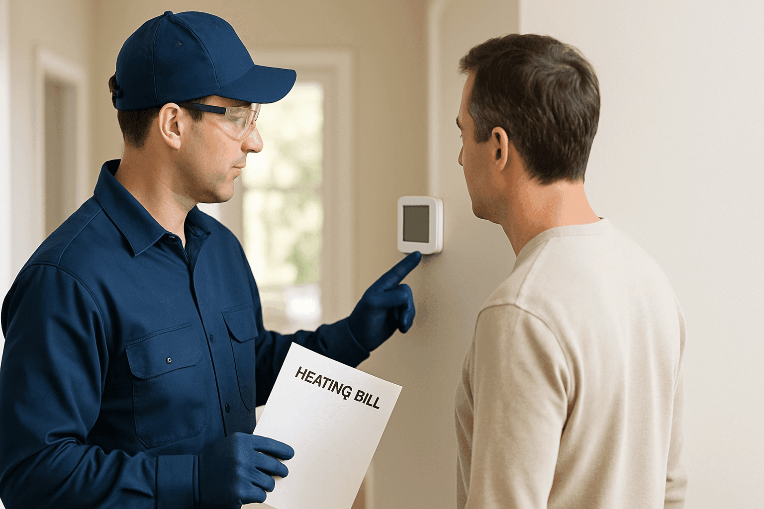 Technician reviewing a heating bill and thermostat settings with a homeowner