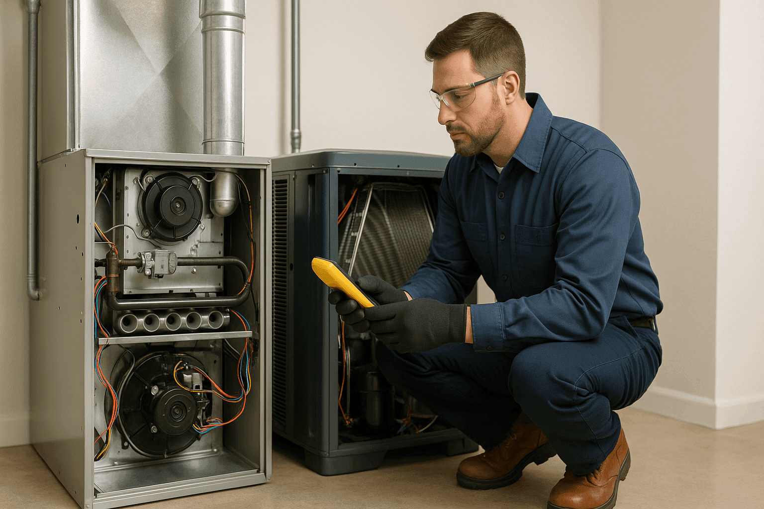 Technician comparing furnace and HVAC components side by side