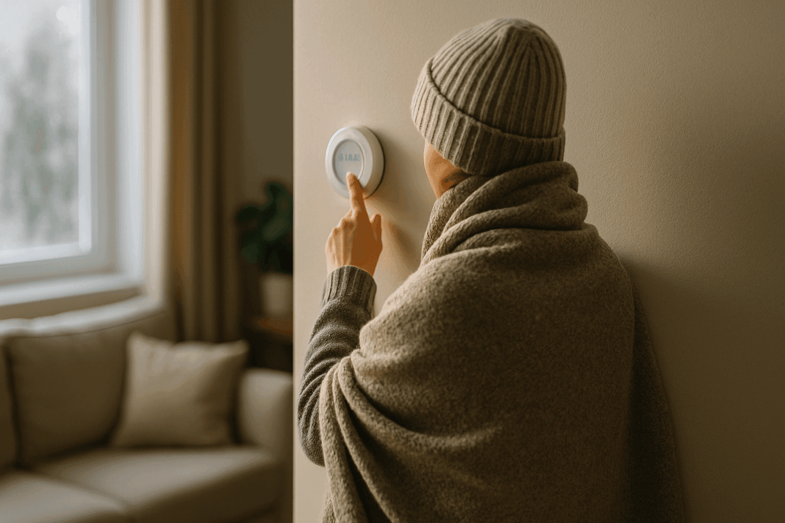 Homeowner bundled in blanket checking thermostat during a heating outage