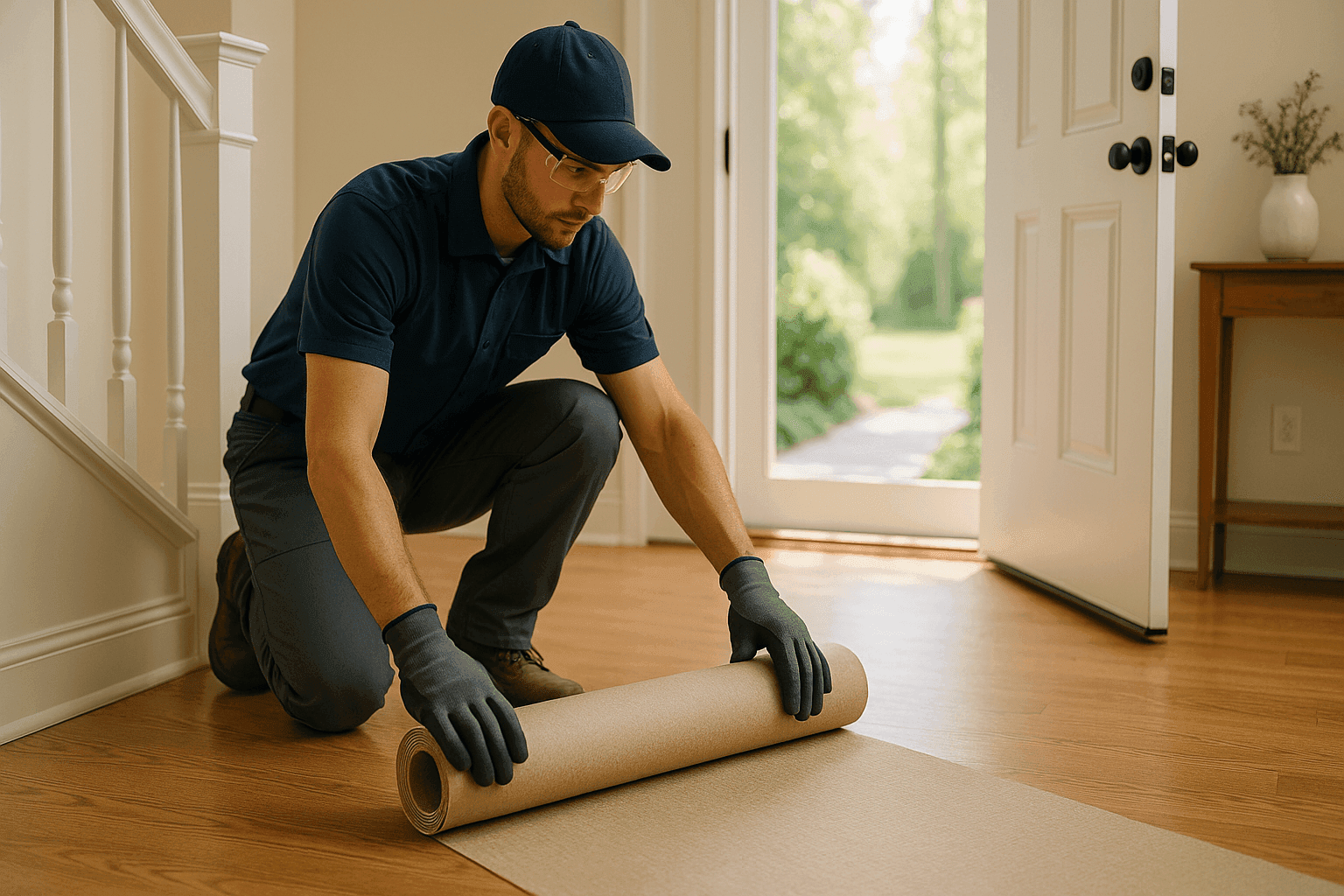 Technician preparing a home for heating installation with protective coverings