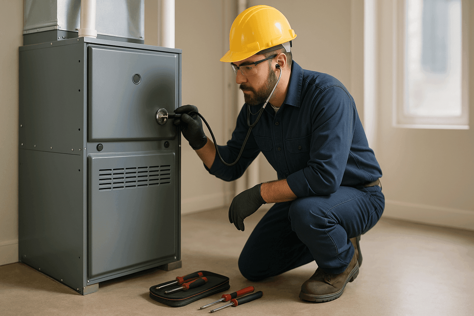 Technician listening to a furnace with a stethoscope tool