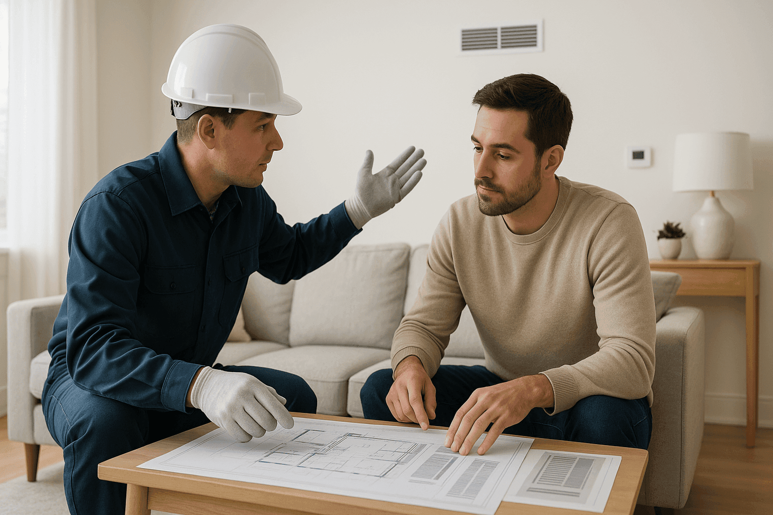 Technician discussing heating upgrade options with a homeowner preparing to sell