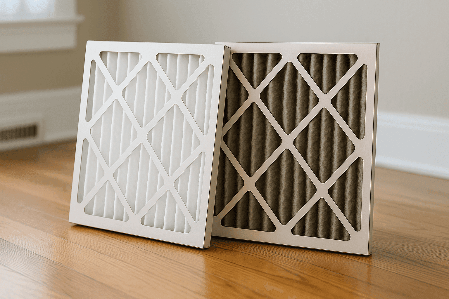 Closeup of clean and dirty HVAC filters on floor beside vent