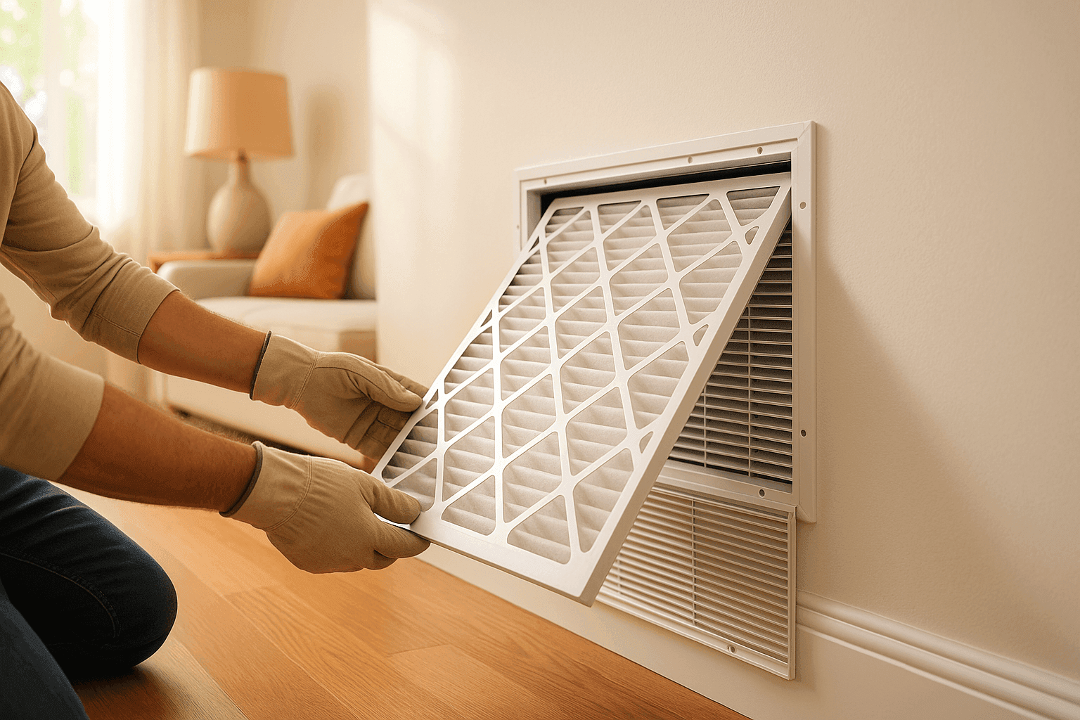 Homeowner replacing an HVAC filter in a return vent