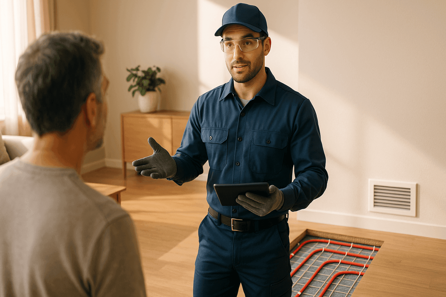 Technician explaining radiant and central heating options to a homeowner