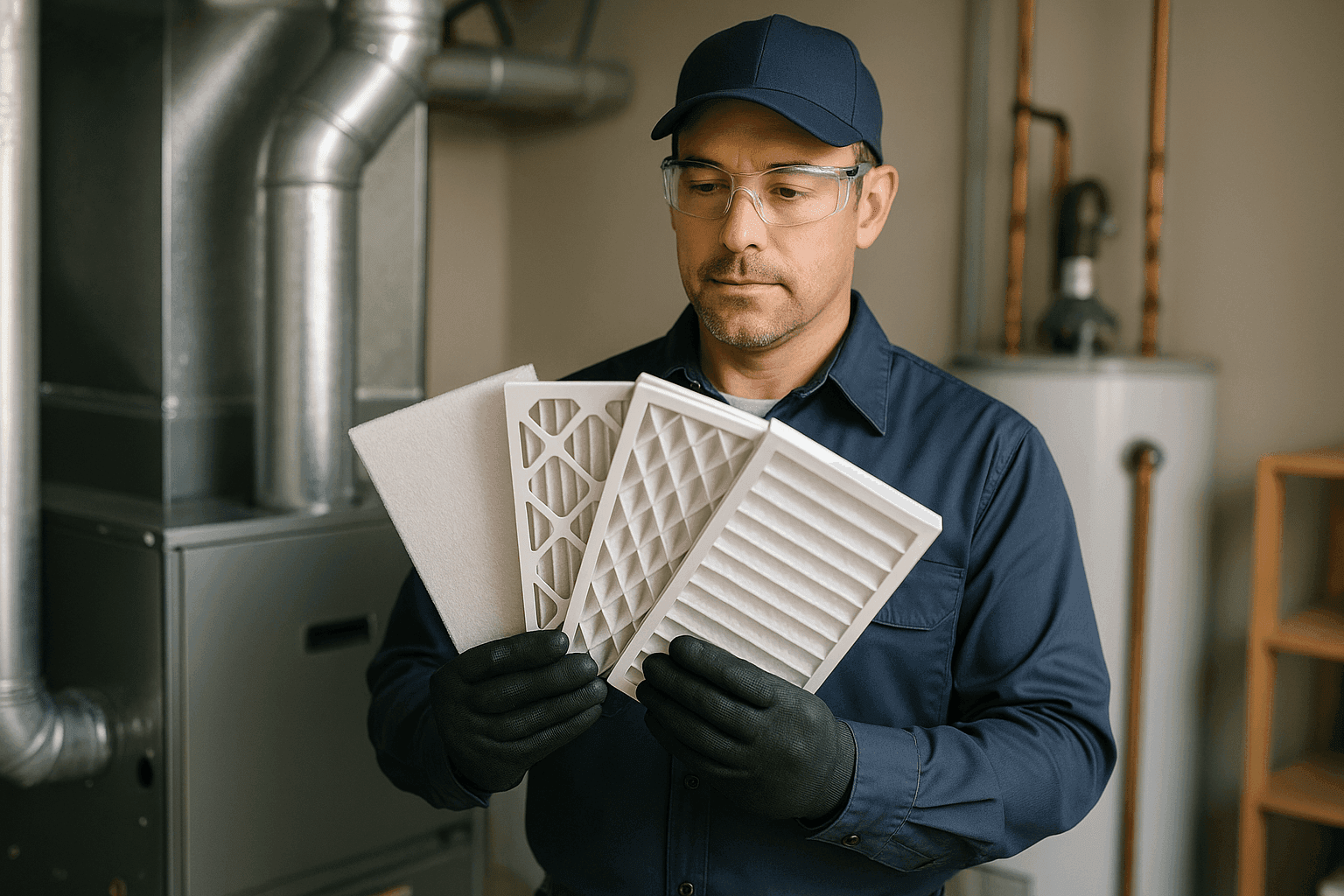 Technician holding and comparing different air filters by a furnace