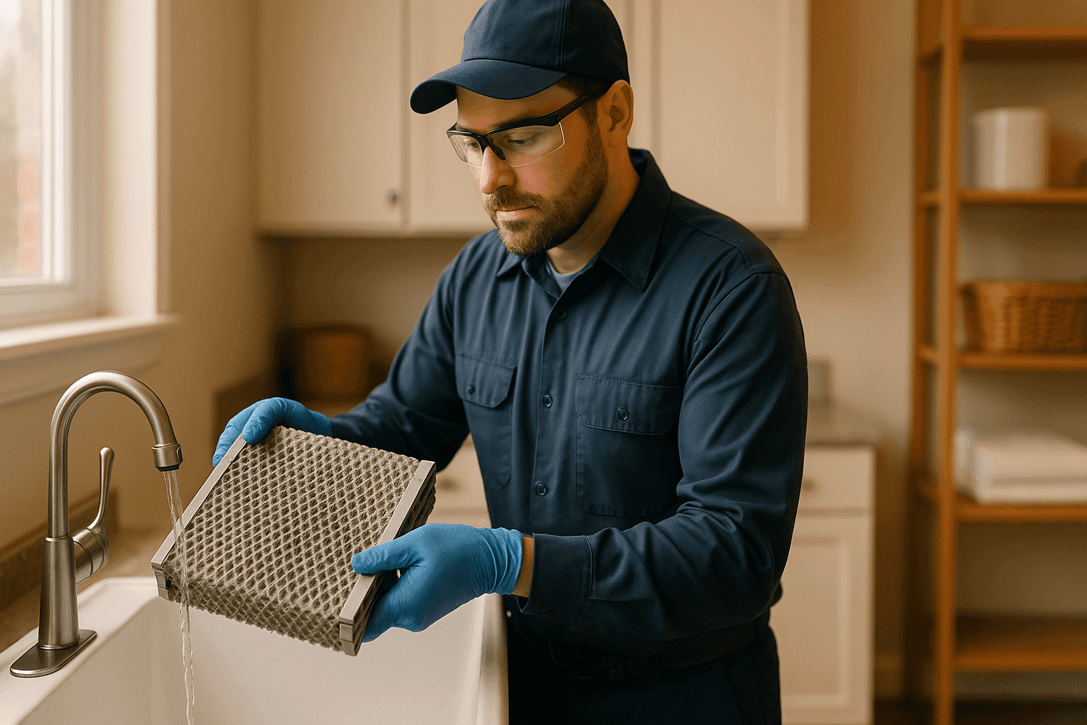 Technician cleaning a humidifier filter in a utility room