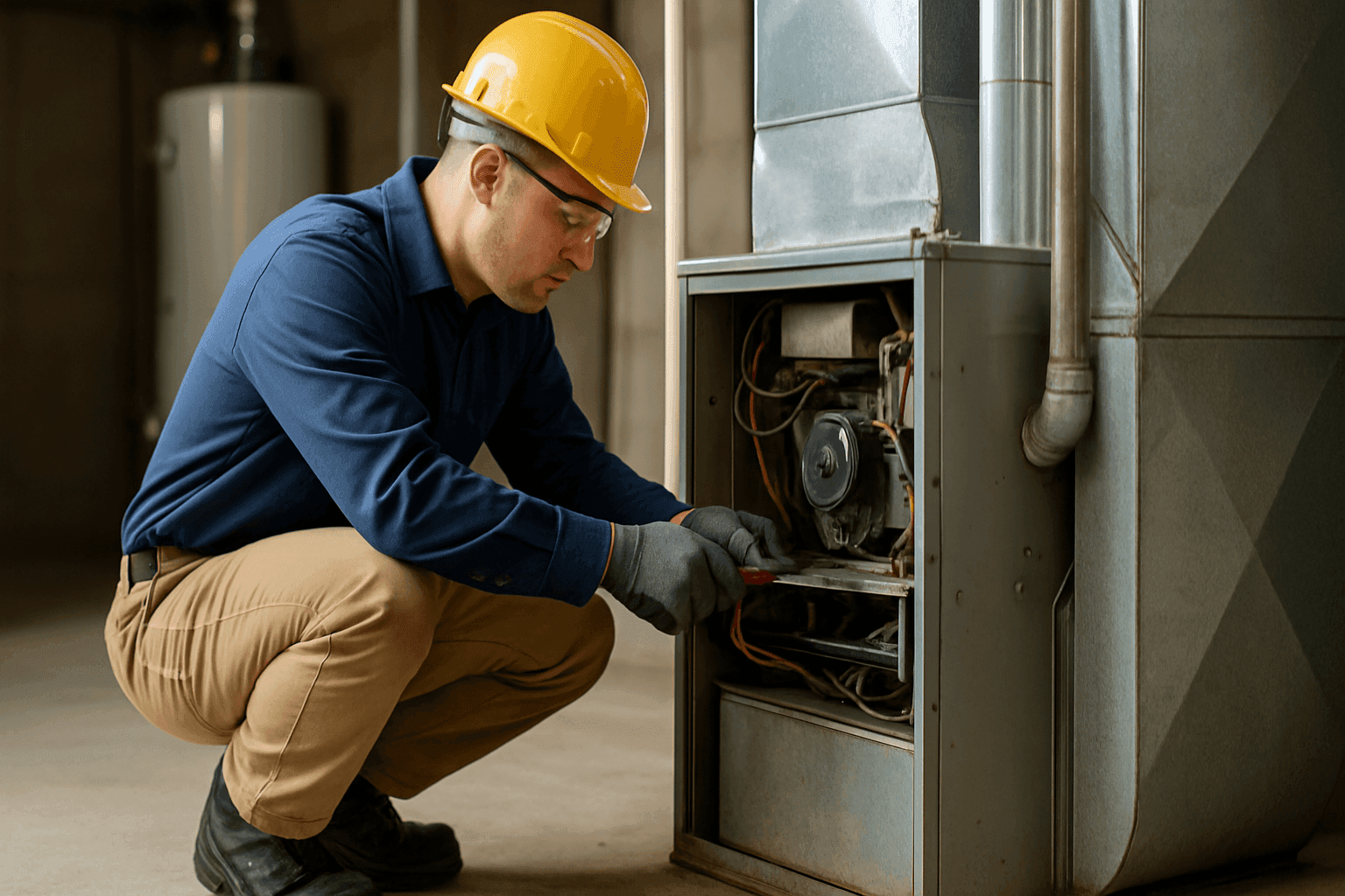 Technician performing maintenance on an older home furnace