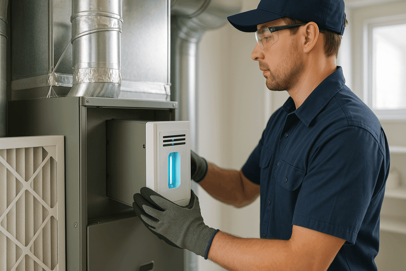 Technician installing an air quality device in a home HVAC system