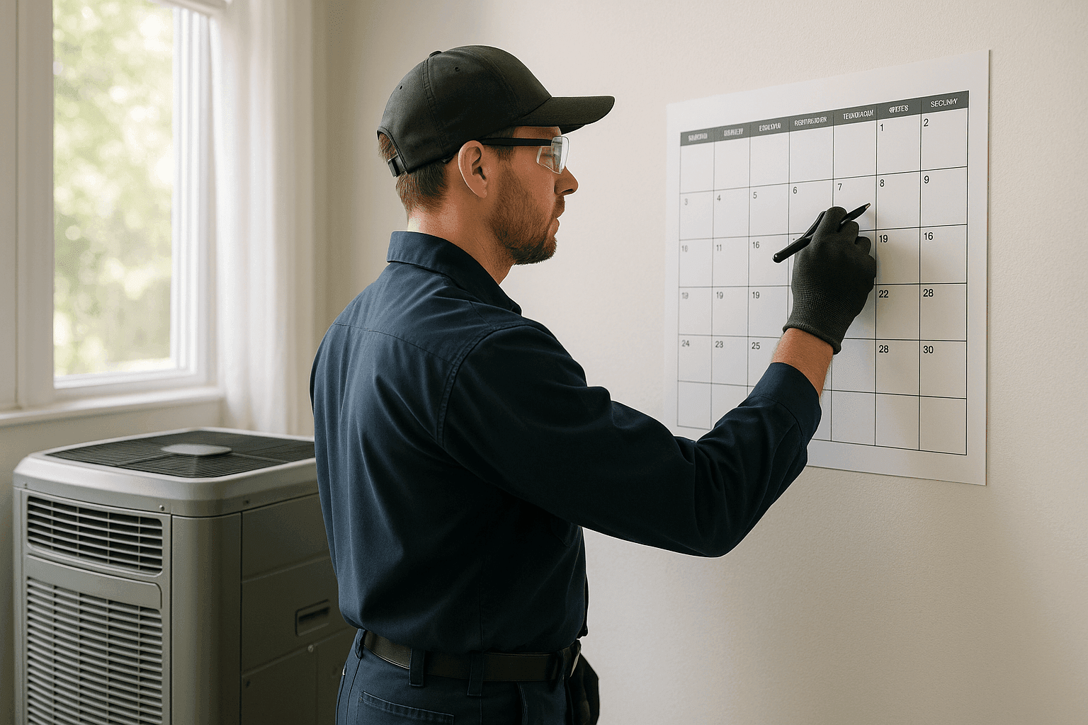 Technician marking a maintenance calendar beside an HVAC unit