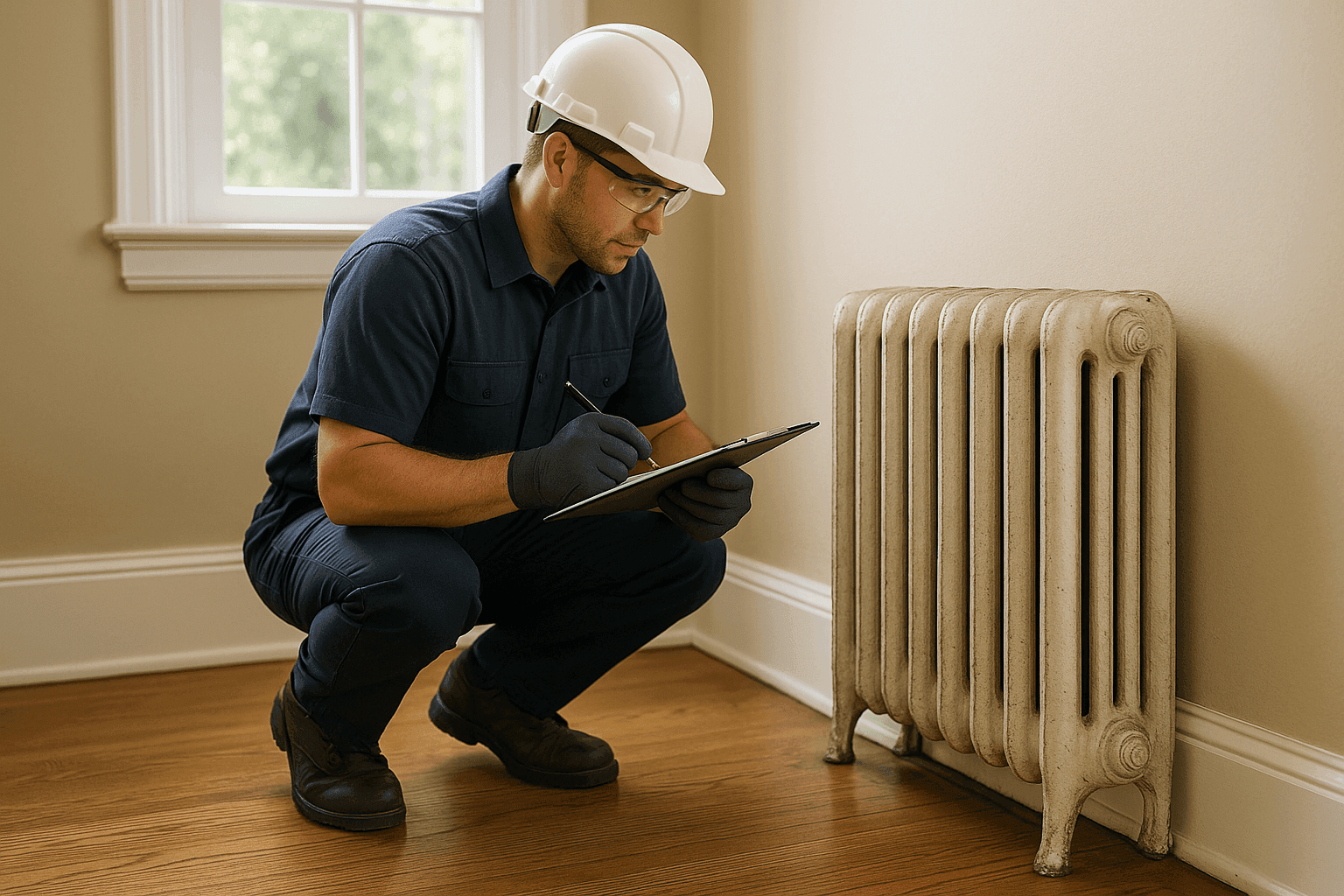 Technician inspecting an old radiator and planning a heating upgrade