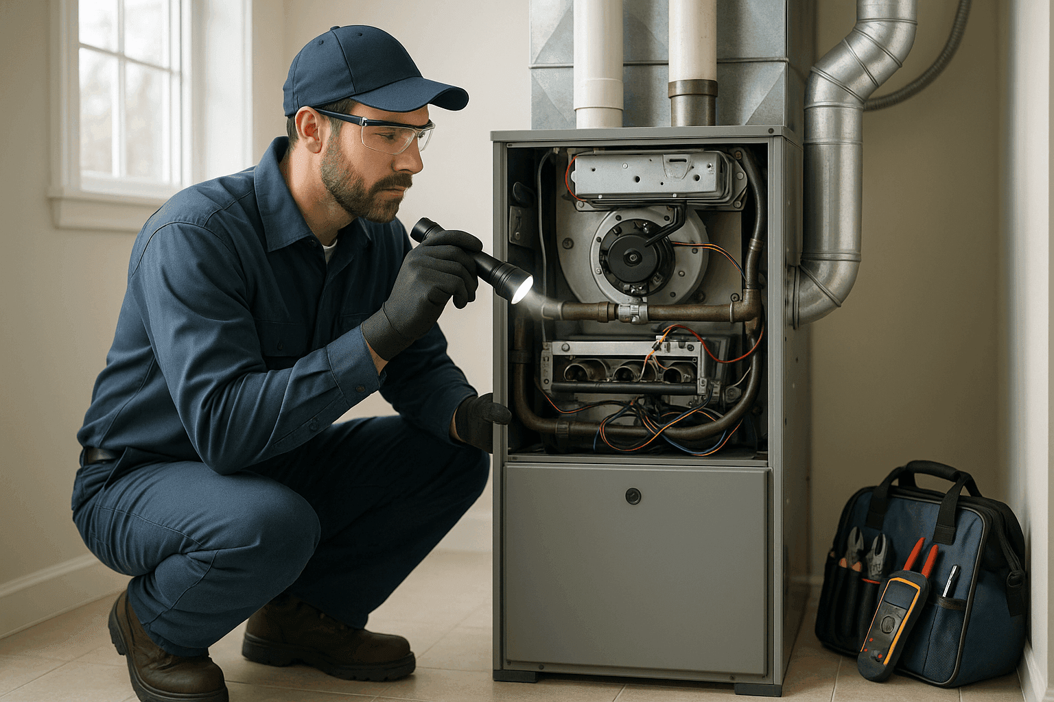 Technician performing a winter heating inspection on a home furnace