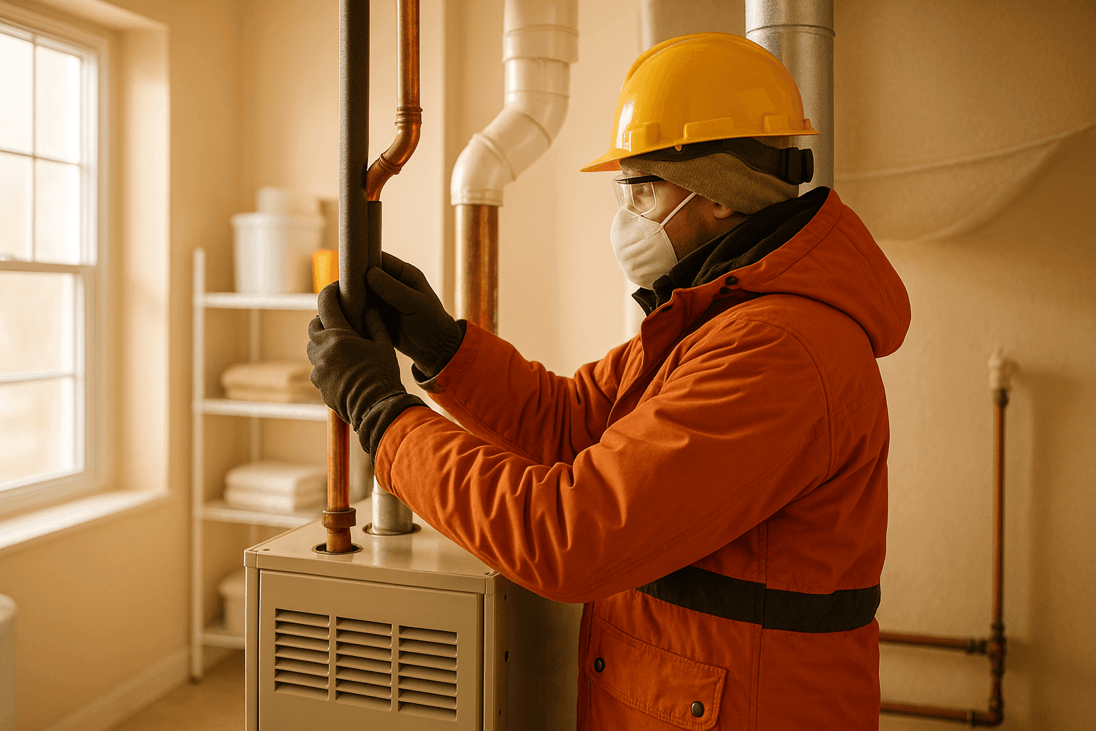 Technician insulating pipes and checking a home furnace before winter