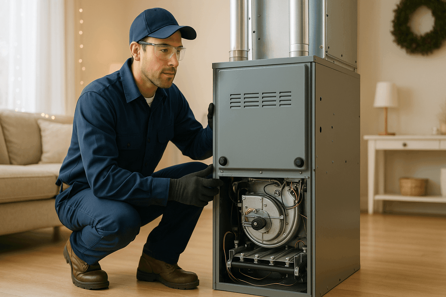 Technician inspecting a home furnace before a holiday gathering