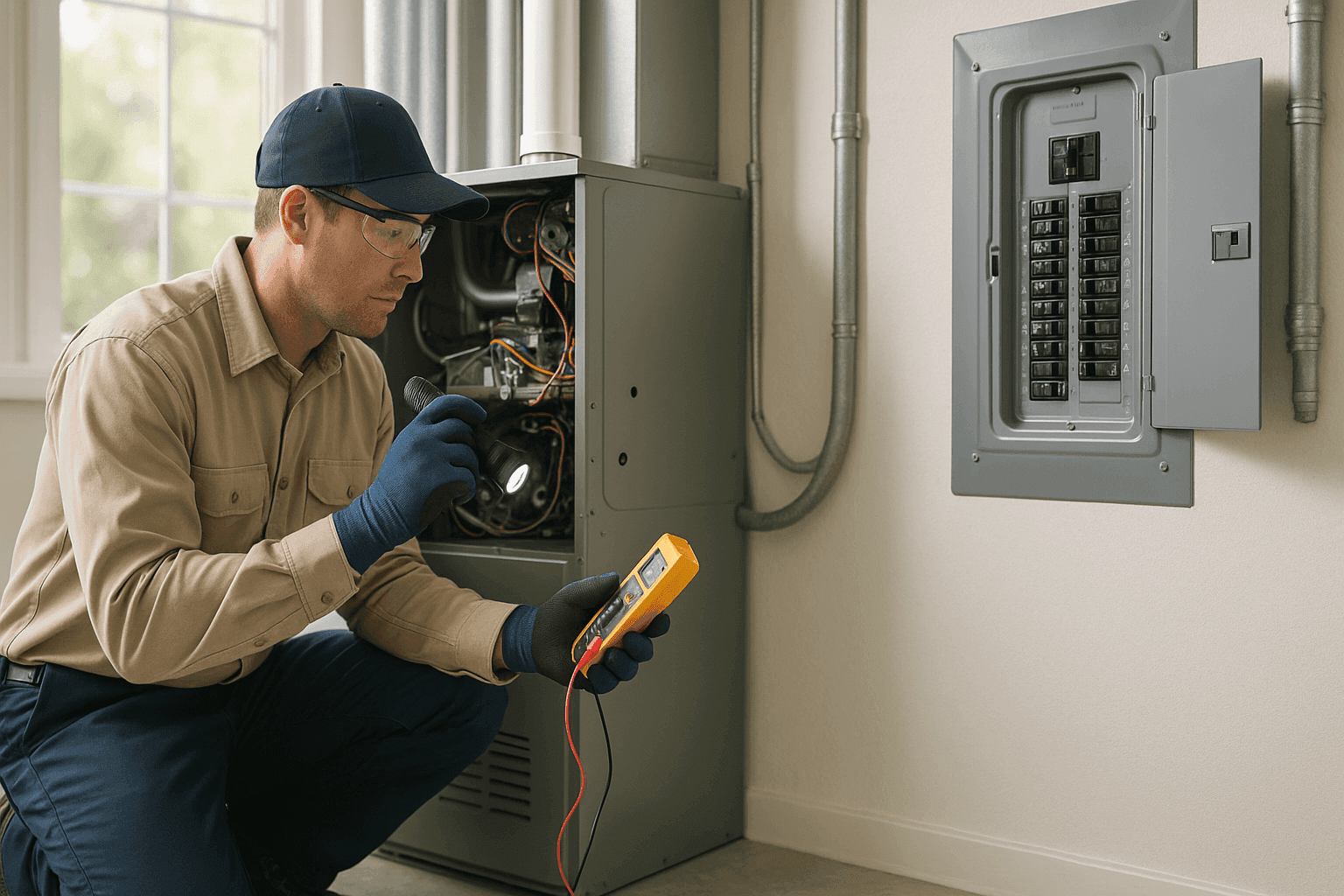 Technician inspecting a furnace after a power outage in a home