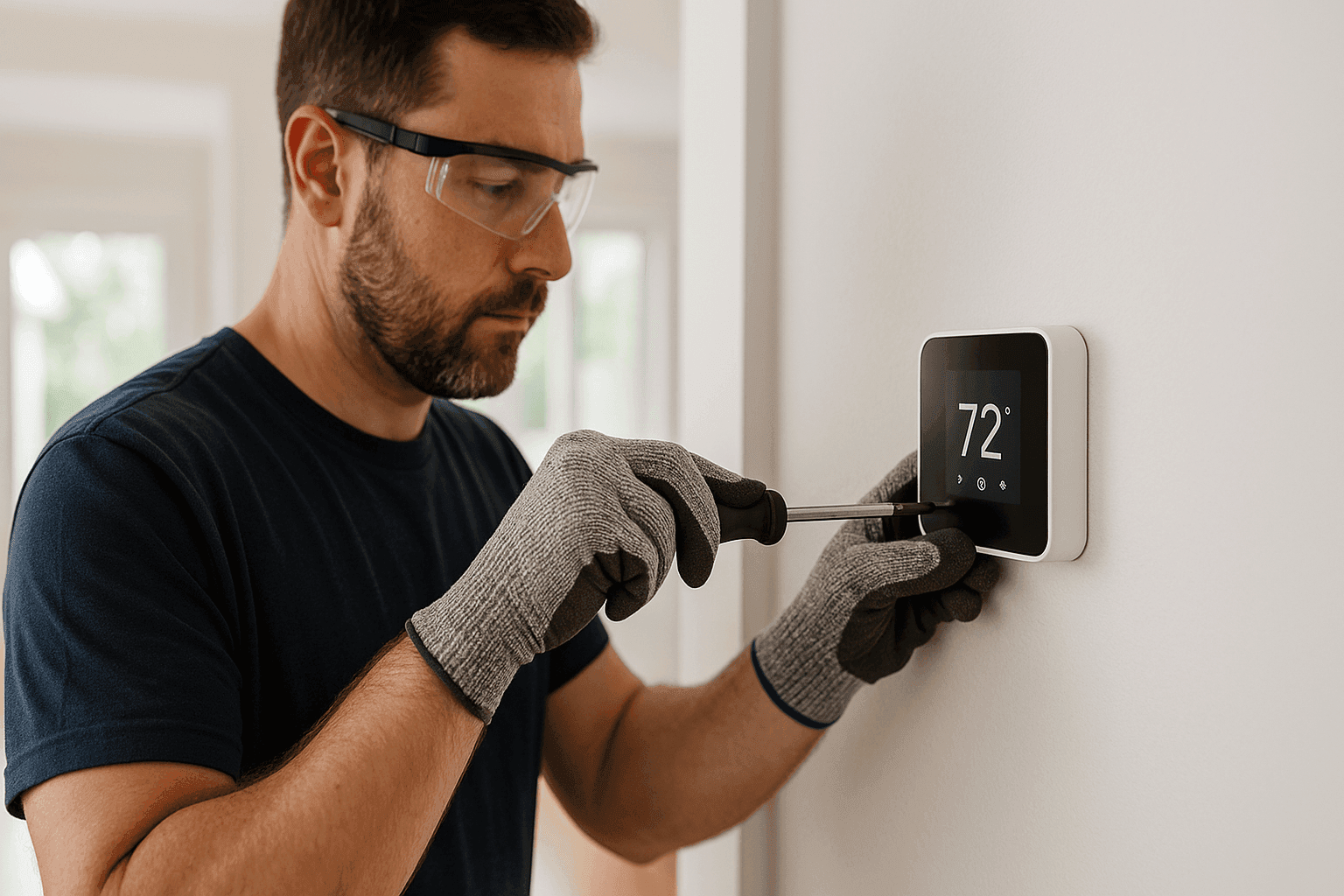 Homeowner using screwdriver to install a new thermostat on a wall