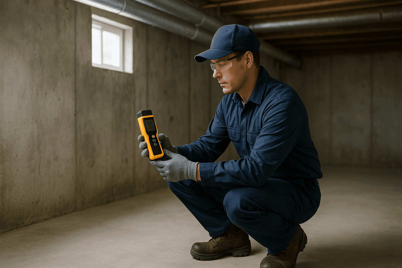 Technician measuring humidity levels in a damp basement