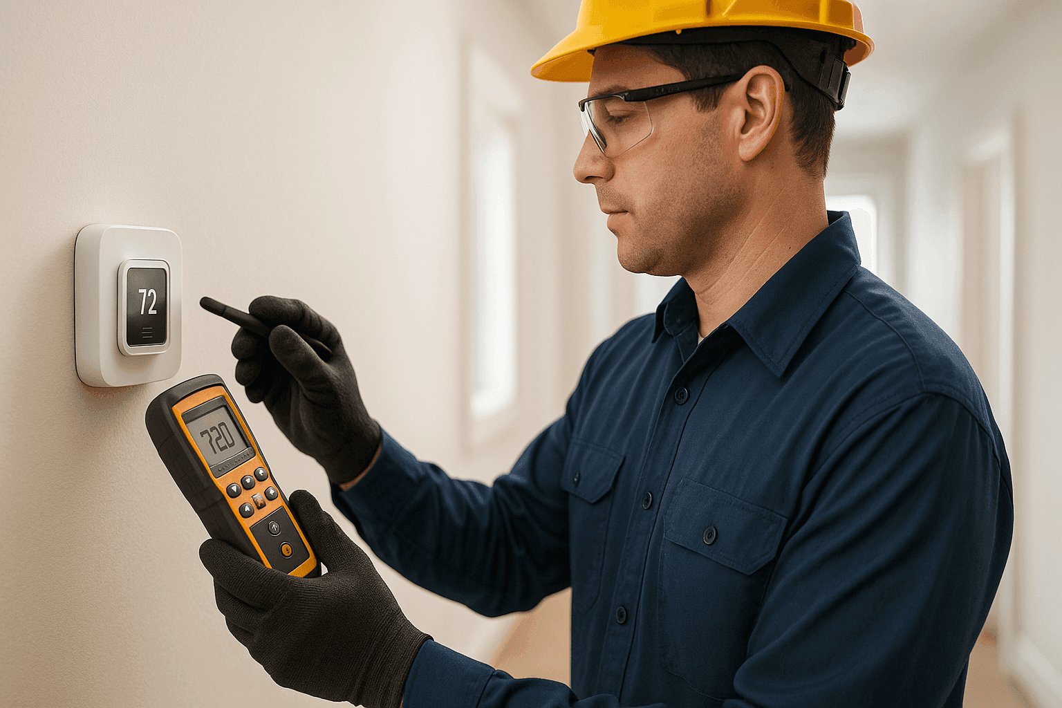 Technician testing a wall-mounted thermostat with diagnostic tools