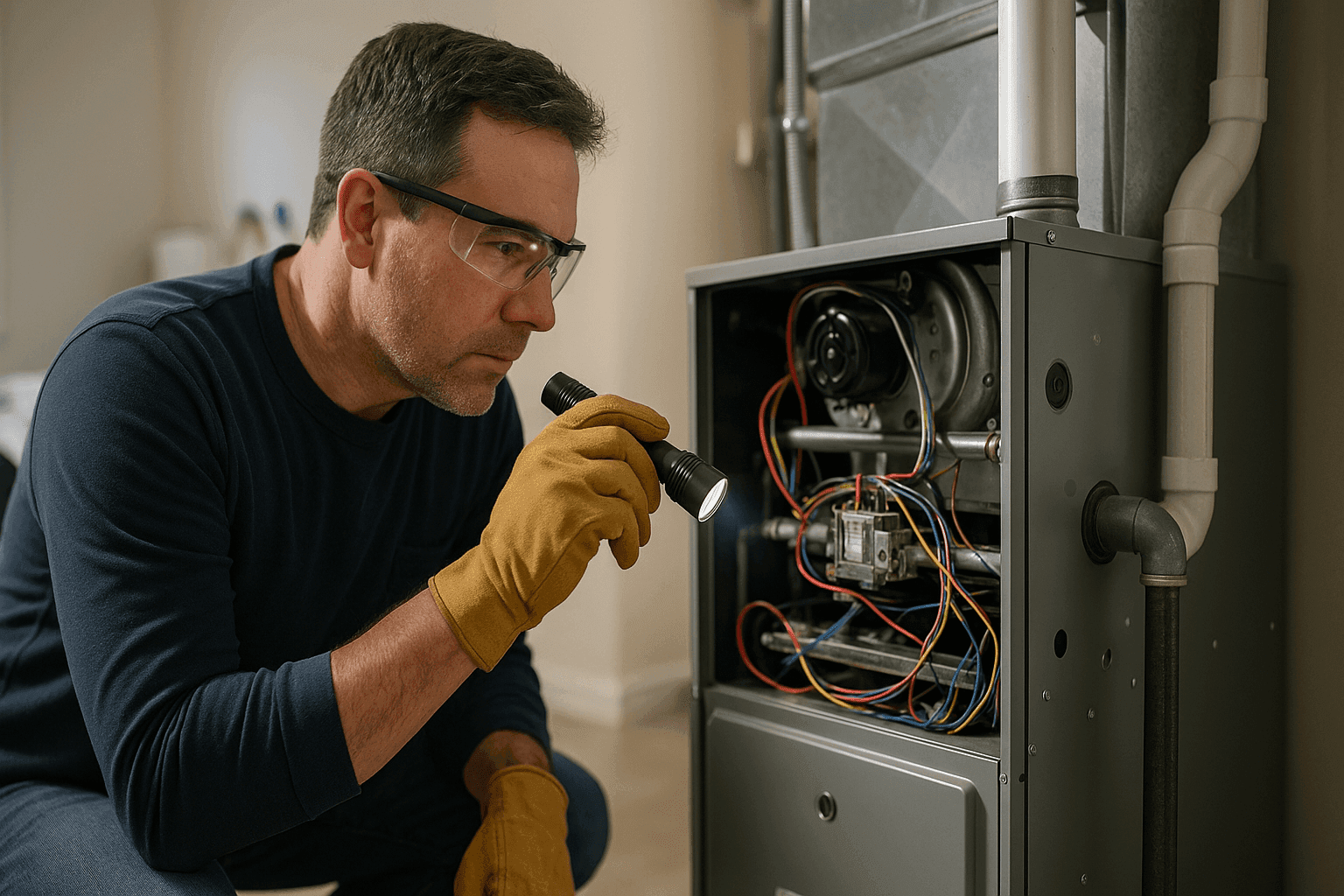 Homeowner examining a furnace control panel with a flashlight