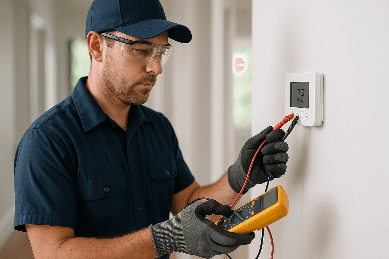 Technician testing a non-functioning thermostat with a multimeter