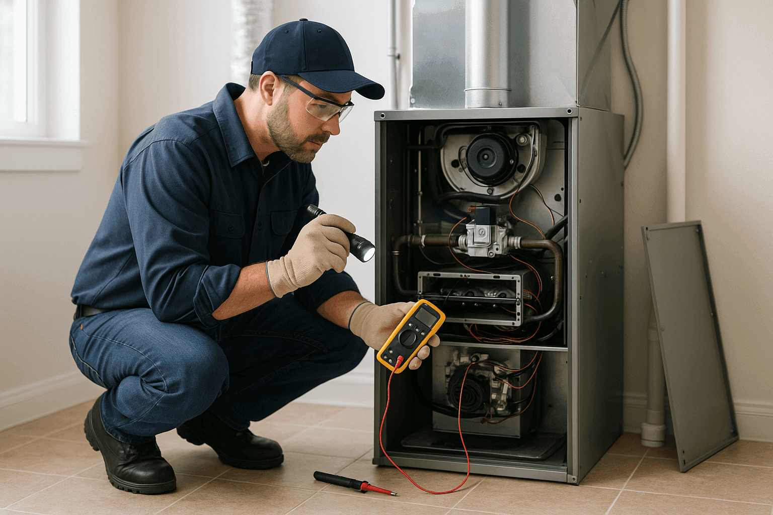 Technician inspecting a noisy furnace with diagnostic tools