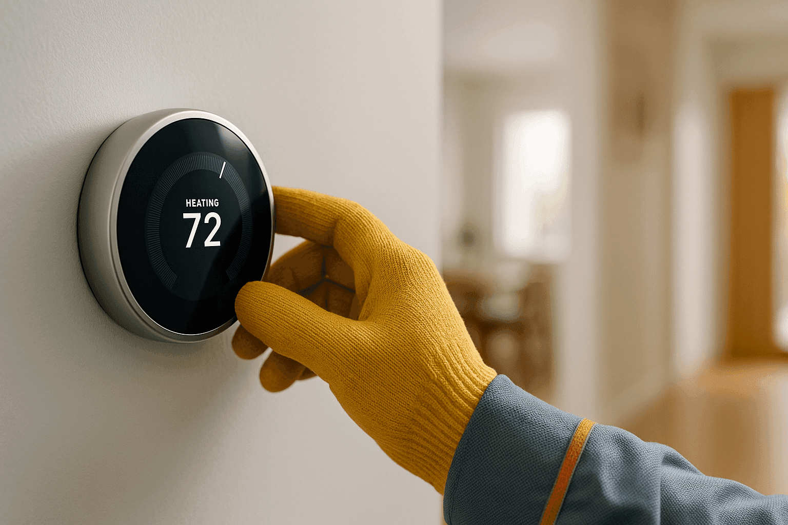 Hand programming a digital thermostat on a home wall