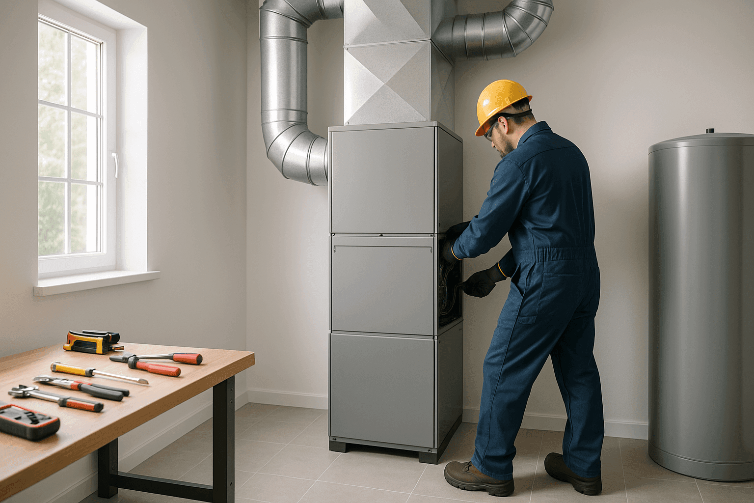 Technician installing a new HVAC unit in a home utility room