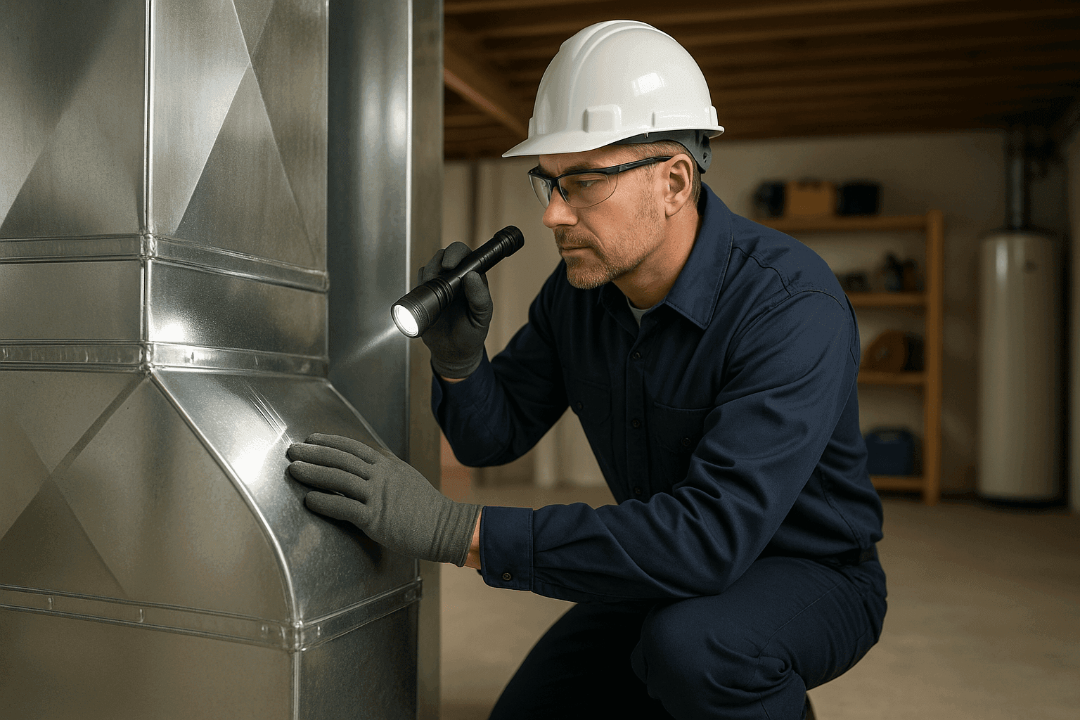Technician inspecting metal ductwork in a home basement