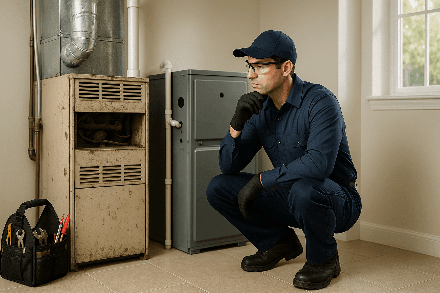 Technician comparing an old furnace system with a new unit