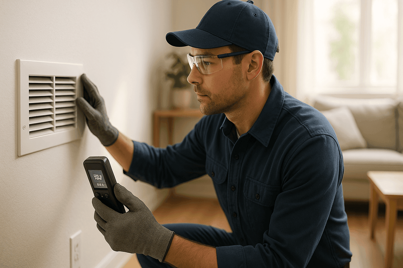 Technician inspecting vents and air quality monitor in a home