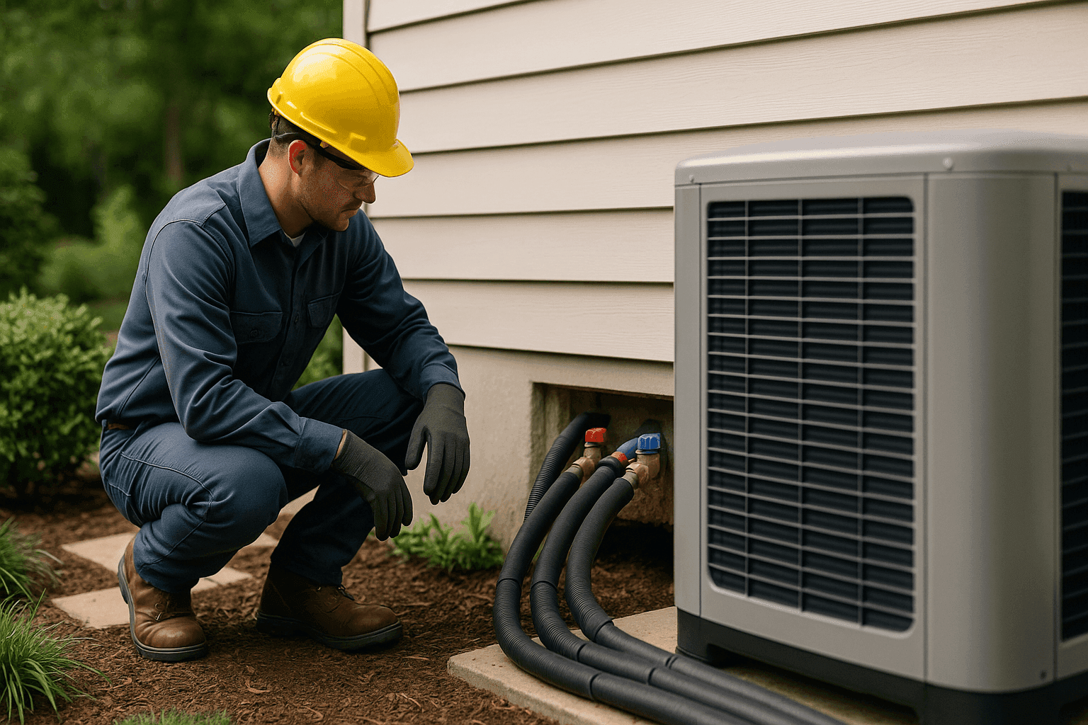 Technician examining geothermal heating equipment outside a home