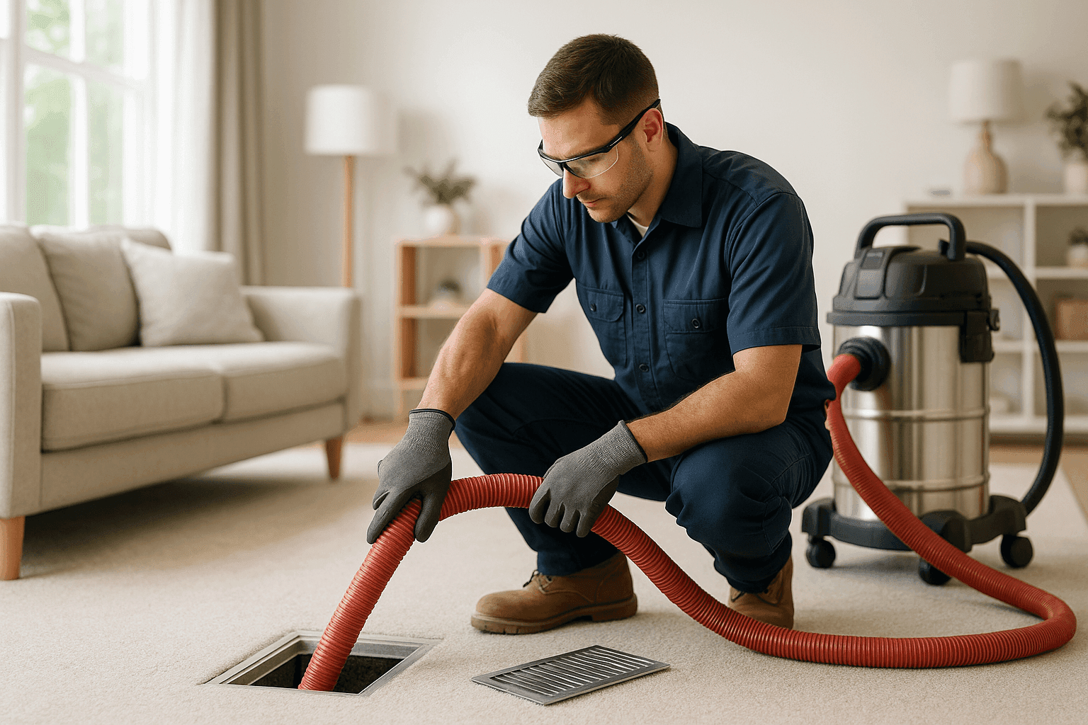 Technician cleaning ducts in a family living room using vacuum equipment