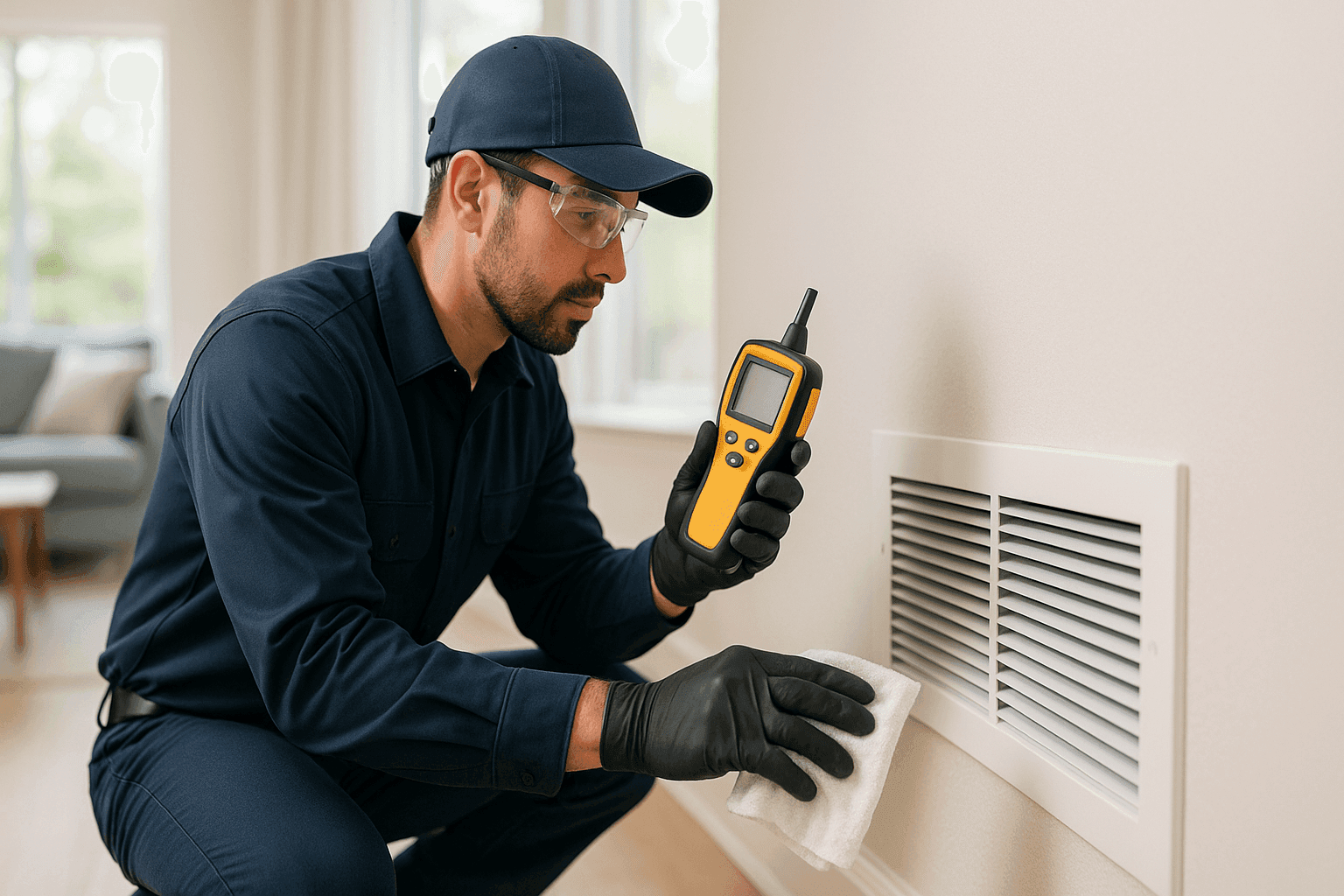 Technician testing air quality and cleaning vents in a home