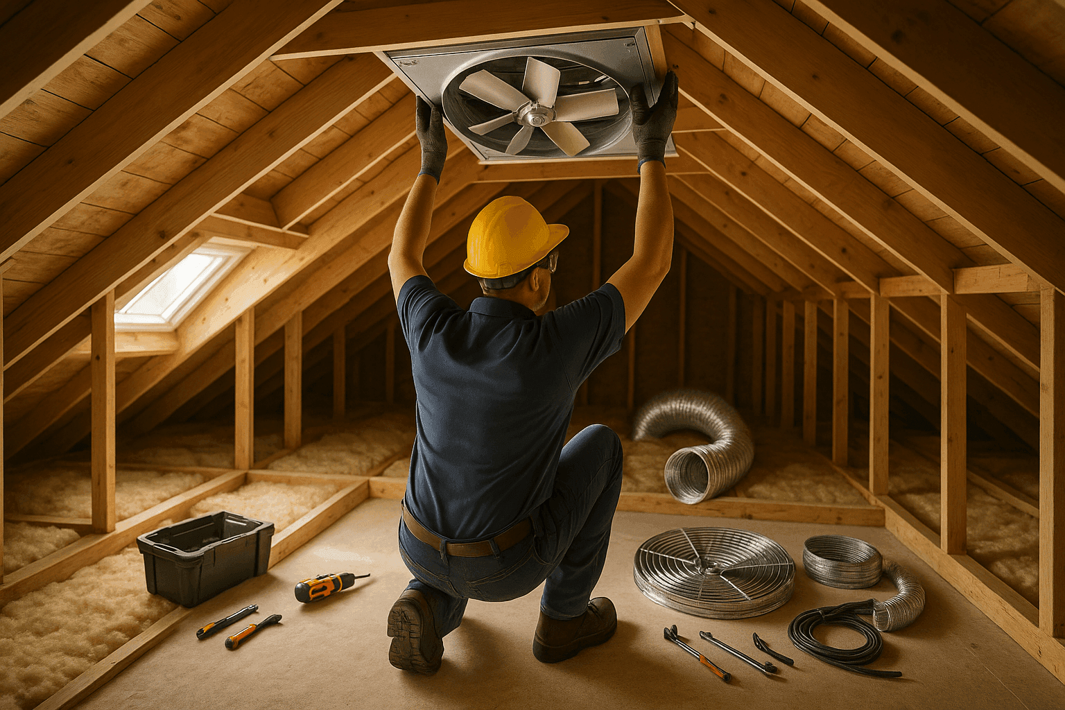 Technician installing a whole-house fan in a home attic
