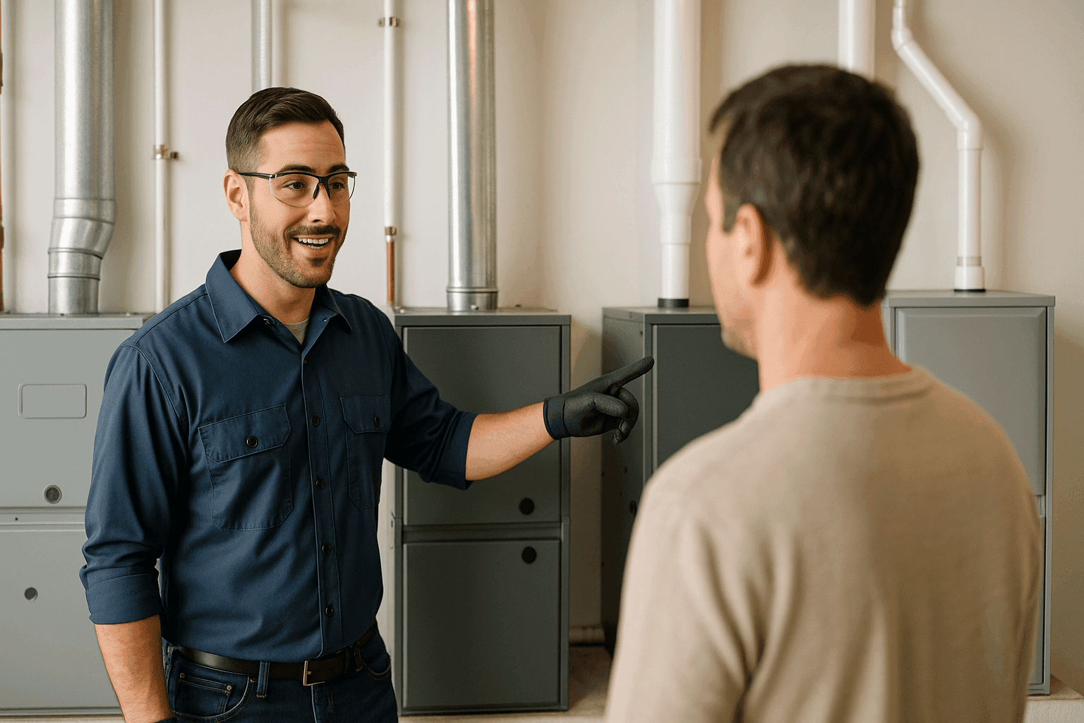 Technician explaining different furnace types with models on display