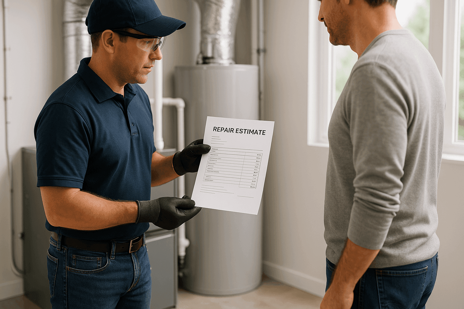 Technician reviewing a furnace repair bill with a homeowner