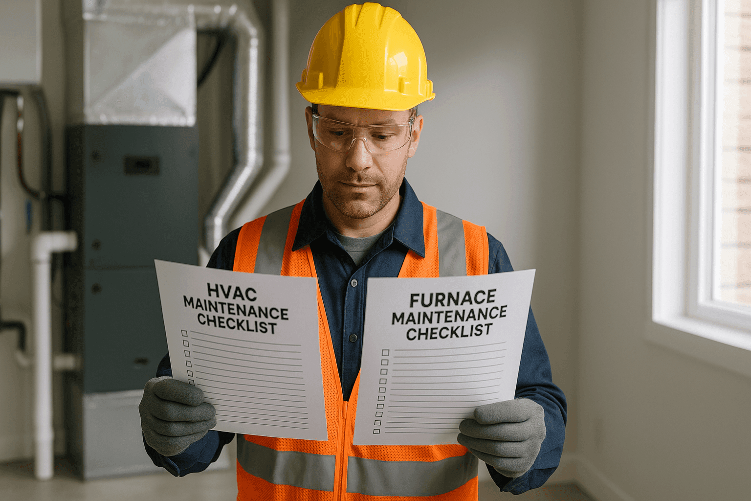 Technician comparing maintenance checklists for HVAC and furnace