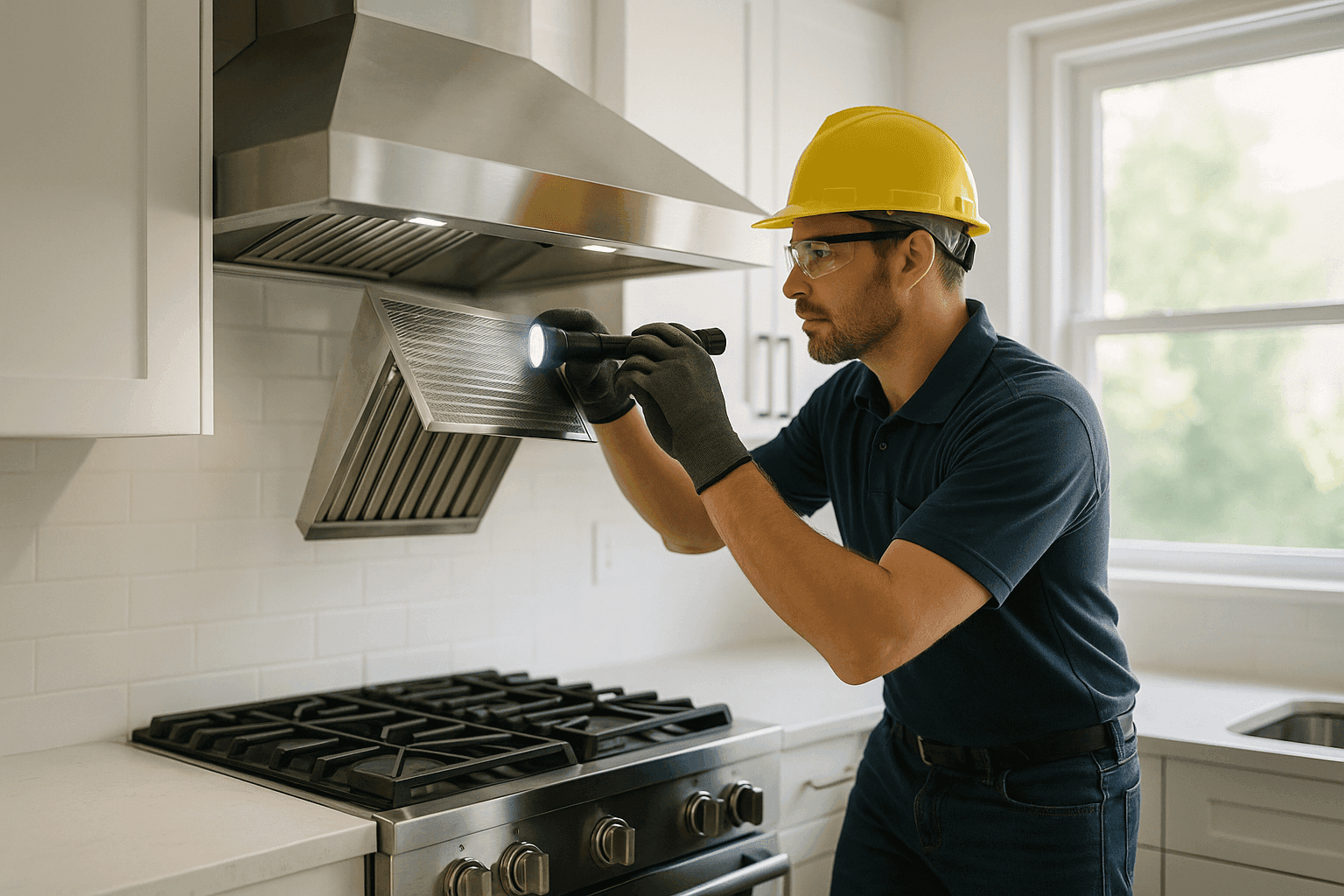 Technician inspecting a kitchen hood and exhaust vent