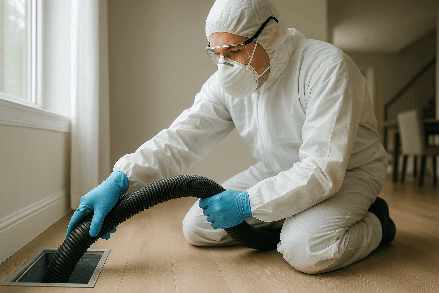 Technician cleaning air ducts with specialized vacuum equipment