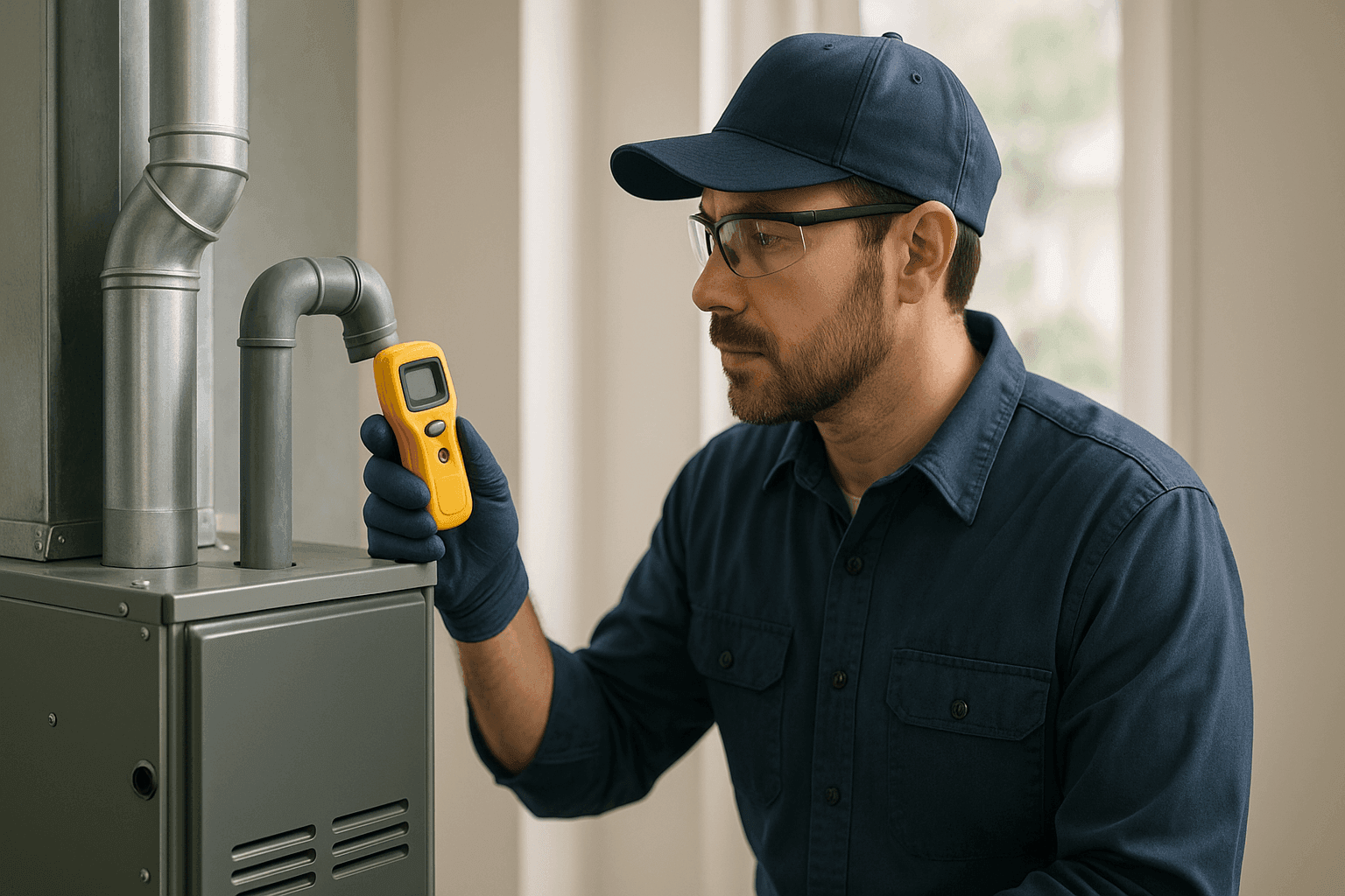 Technician inspecting a furnace with a carbon monoxide detector