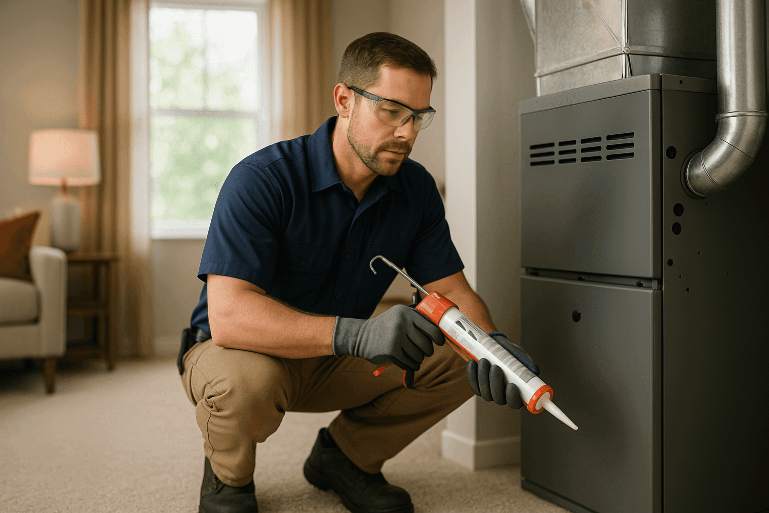 Technician sealing air leaks and checking furnace in a home