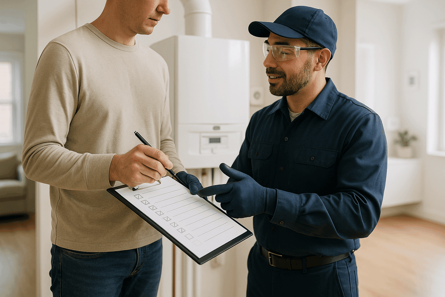 Homeowner reviewing a checklist and talking with a heating technician