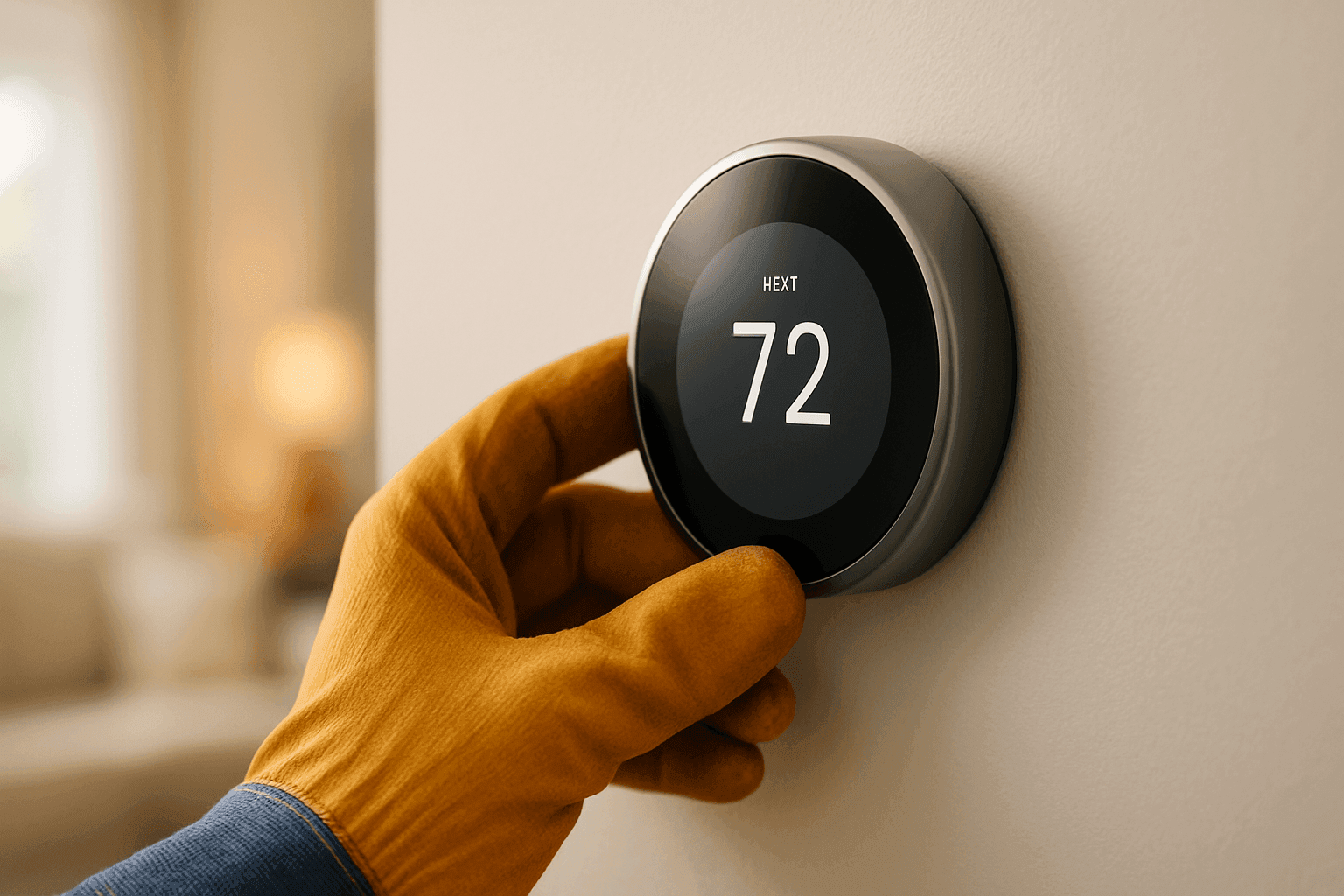 Hand adjusting a smart thermostat on a home wall