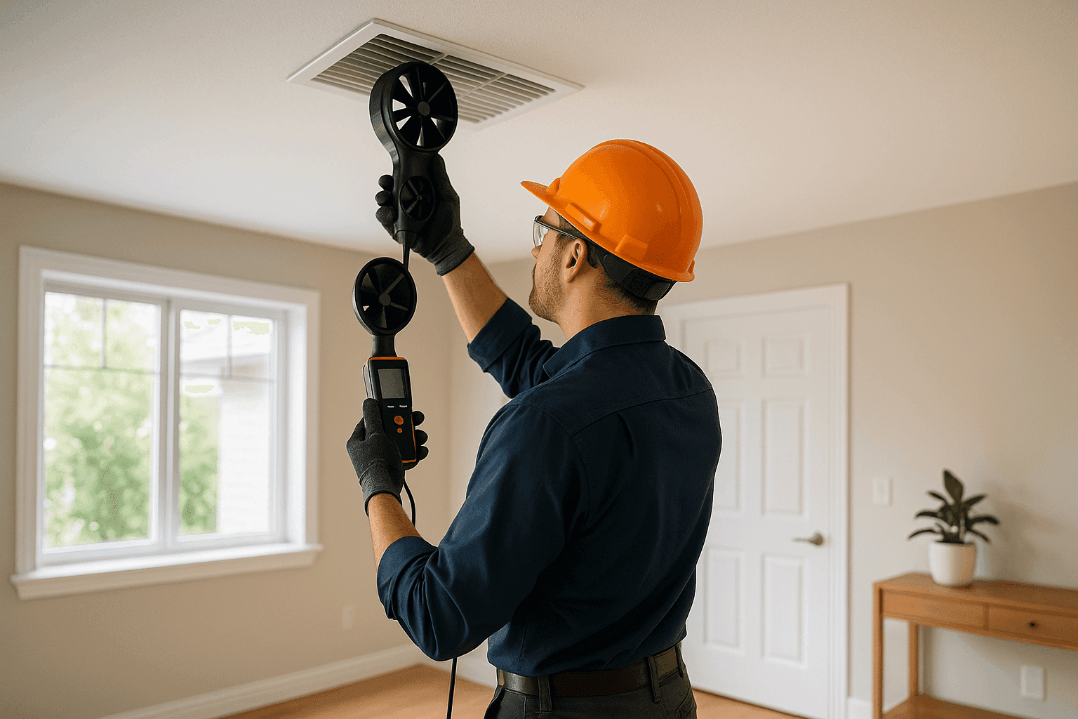 Technician using airflow tools to balance home air vents