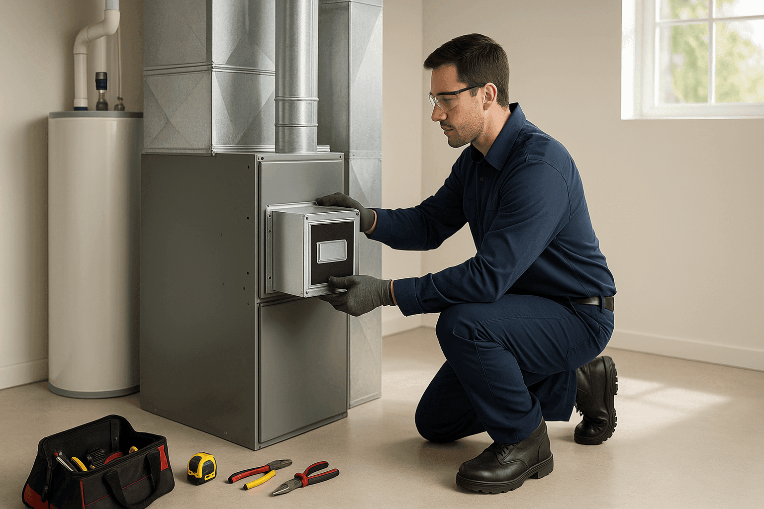 Technician installing an air scrubber on a home HVAC system