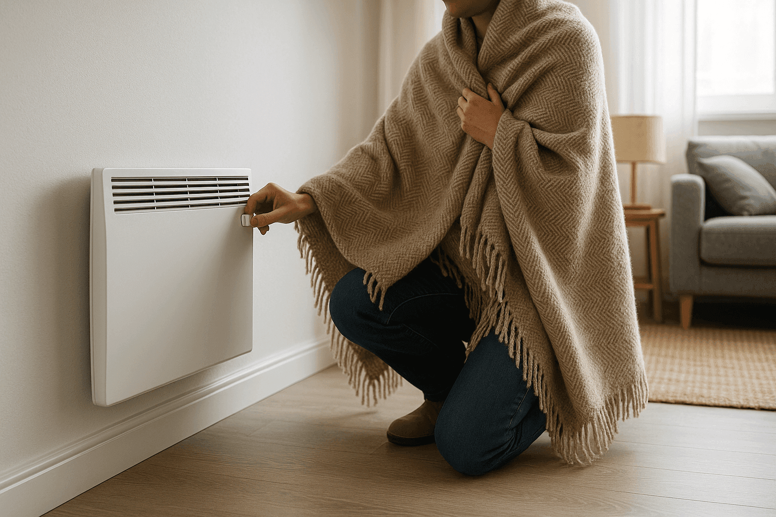 Homeowner using a blanket while checking a heater in a cold home